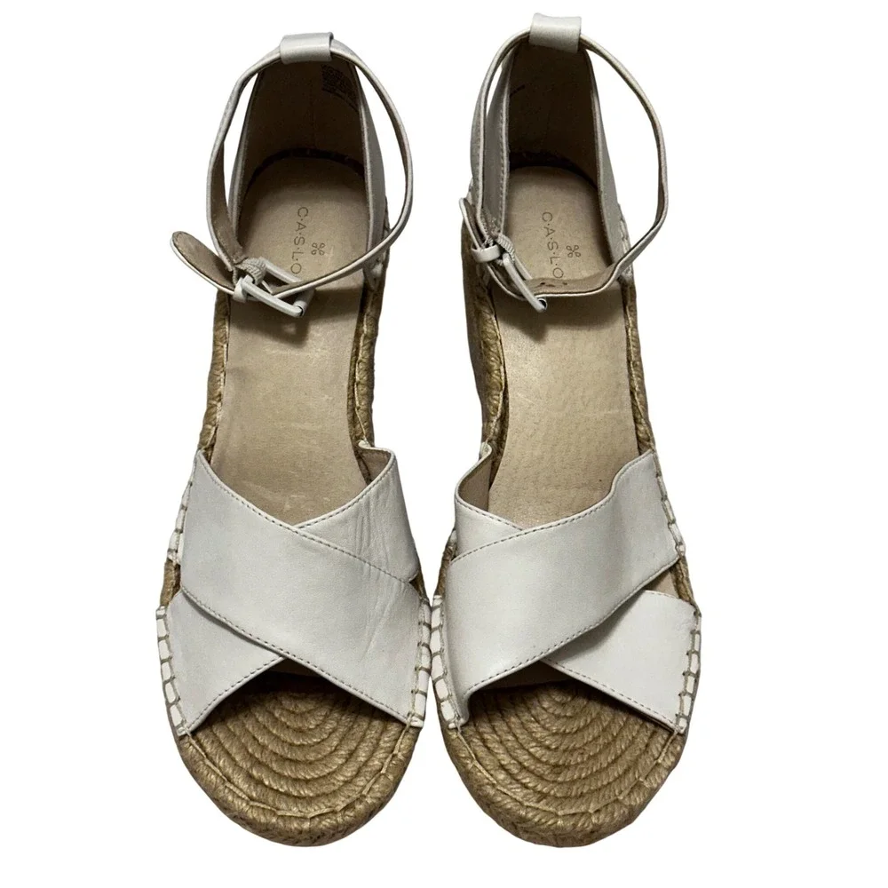 Caslon Womens White Leather Espadrille Wedge Sandals Ankle Strap Size 10.5 M